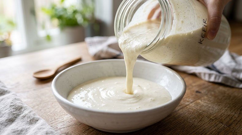 Kéfir de leche espeso y cremoso con mayor producción de kéfiran resultado de una fermentación lenta en frío