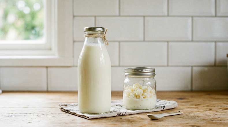 Tarro de cristal con nódulos de kéfir de leche junto a una botella de leche de cabra sobre una encimera de madera clara con azulejos blancos, mostrando las alternativas de leche de pequeños rumiantes para fermentar kéfir con mayor digestibilidad