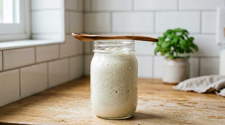 Tarro de cristal con kéfir de leche espeso y cremoso terminado con una cuchara de madera apoyada en el borde, sobre una encimera de madera clara con azulejos blancos de fondo, resultado de usar leche entera fresca pasteurizada