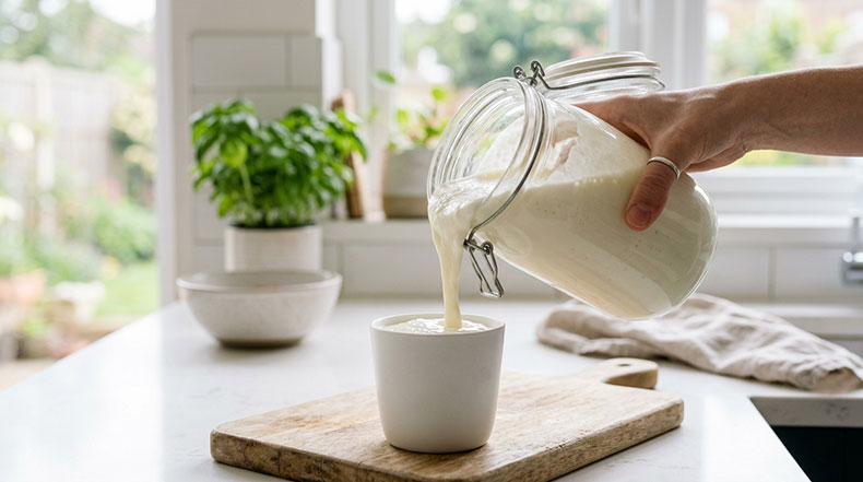 Kéfir de leche espeso y cremoso con textura correcta siendo vertido en un vaso blanco, resultado de una fermentación estable con la temperatura y proporciones adecuadas