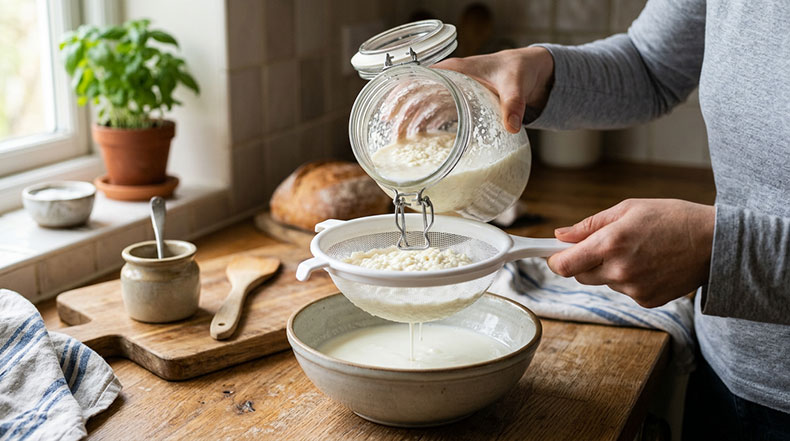 Kéfir de leche con textura demasiado líquida y acuosa siendo colado a través de un colador de plástico, mostrando el resultado de una fermentación débil o insuficiente