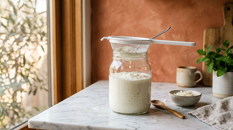 Tarro de cristal con kéfir de leche terminado y cremoso con un colador de plástico encima listo para colar, sobre una encimera de mármol blanco en una cocina española cálida, resultado final de una fermentación completa con nódulos vivos