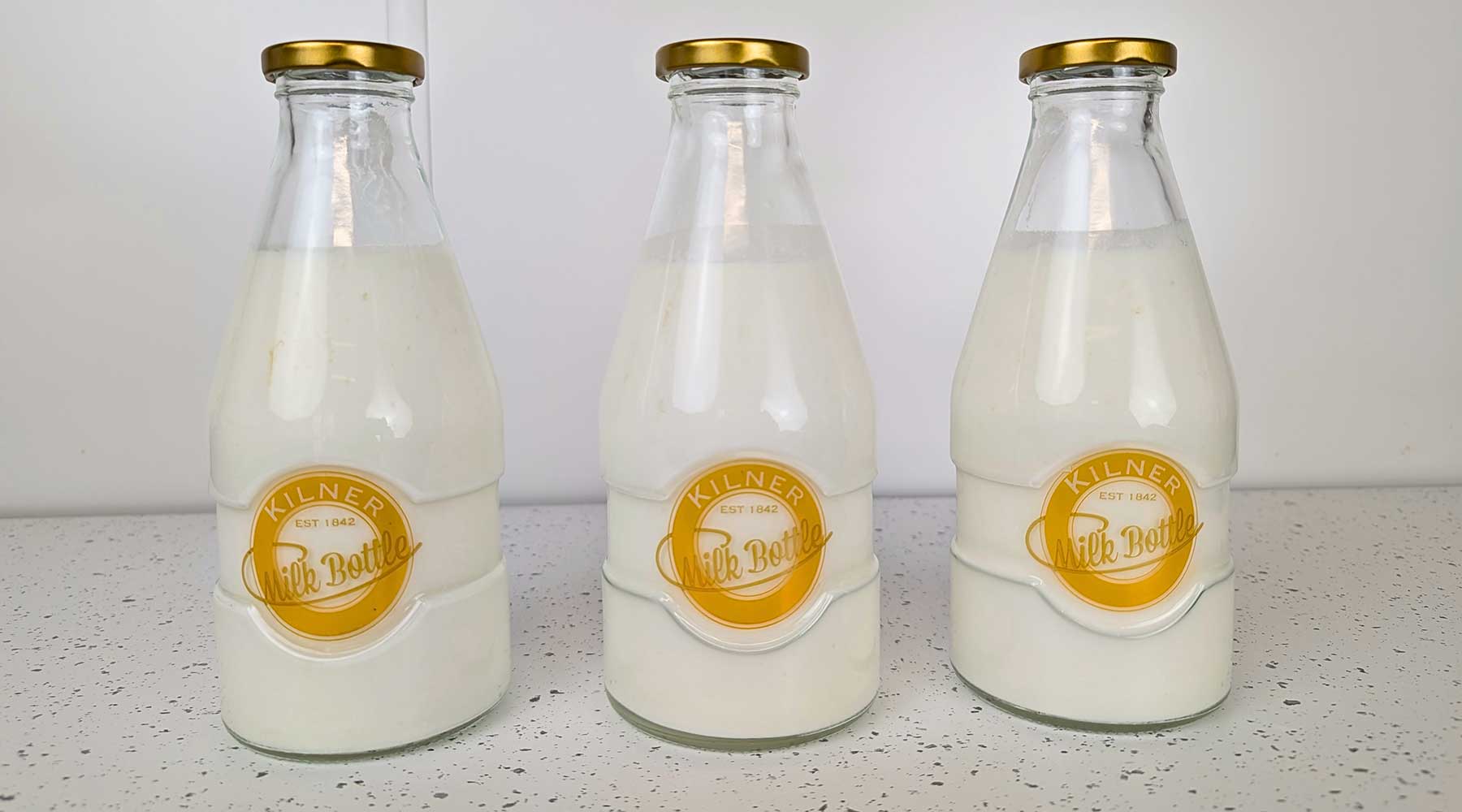 Botellas de kéfir de leche artesanal fermentado naturalmente con cultivos vivos