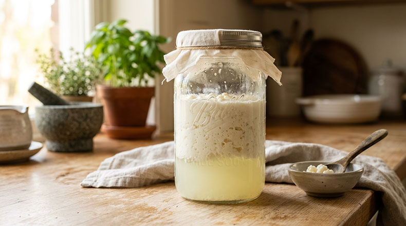 Tarro de kéfir de leche mostrando separación natural entre la cuajada blanca y el suero amarillento durante la fermentación casera