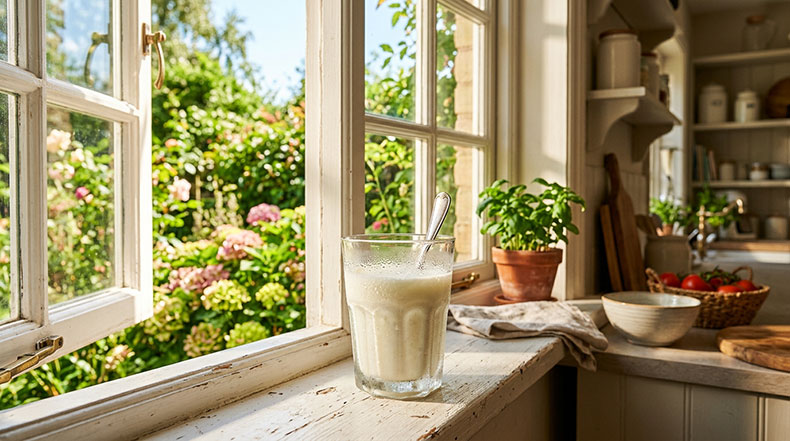 Vaso de kéfir de leche frío en una cocina luminosa en verano, representando cómo controlar la acidez y la fermentación en climas cálidos