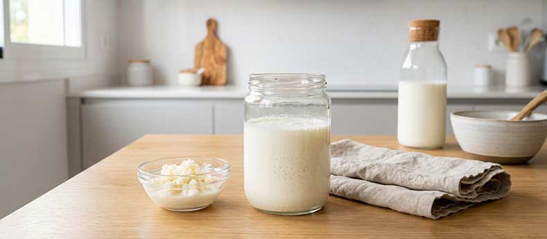 Tarro de kéfir de leche junto a alimentos fermentados en una cocina natural