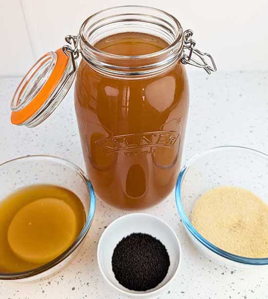 Ingredientes y medidas para preparar 2 litros de kombucha casera
