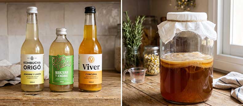 Comparativa de Kombucha Industrial vs Artesanal: Botellas comerciales frente a frasco con SCOBY vivo de Nutribrew