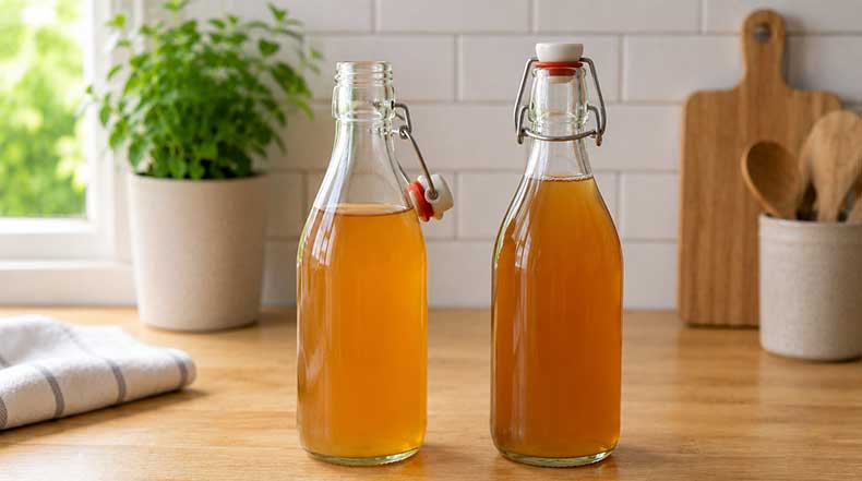 Botellas de kombucha casera sin gas durante la segunda fermentación en cocina doméstica