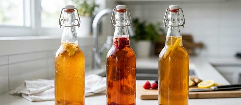 Botellas de kombucha casera durante una segunda fermentación para generar gas natural