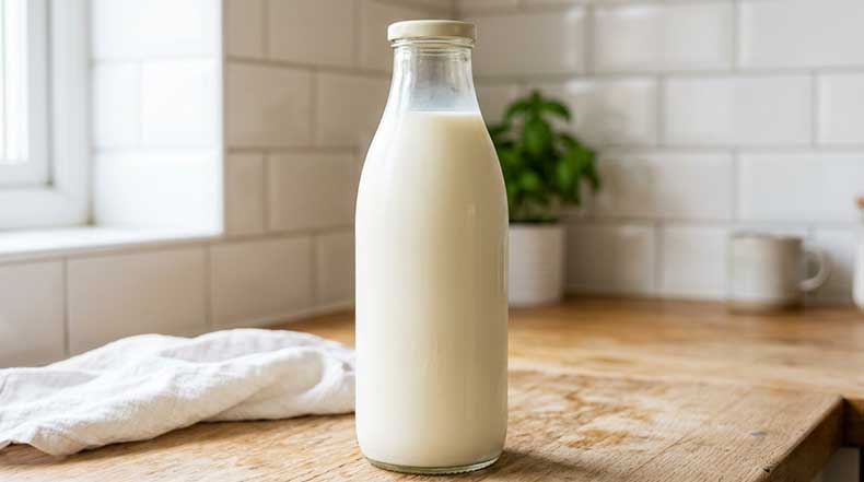 Botella de cristal con leche entera fresca pasteurizada sobre una encimera de madera clara con azulejos blancos al fondo, el tipo de leche recomendado para obtener el mejor kéfir de leche casero con nódulos activos