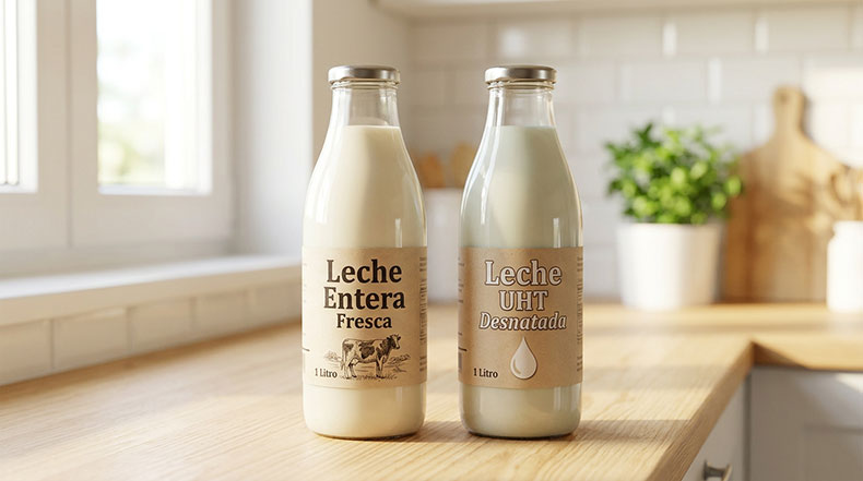 Dos botellas de leche comparando leche entera fresca y leche UHT desnatada, mostrando cómo el tipo de leche afecta directamente a la textura y cremosidad del kéfir de leche casero