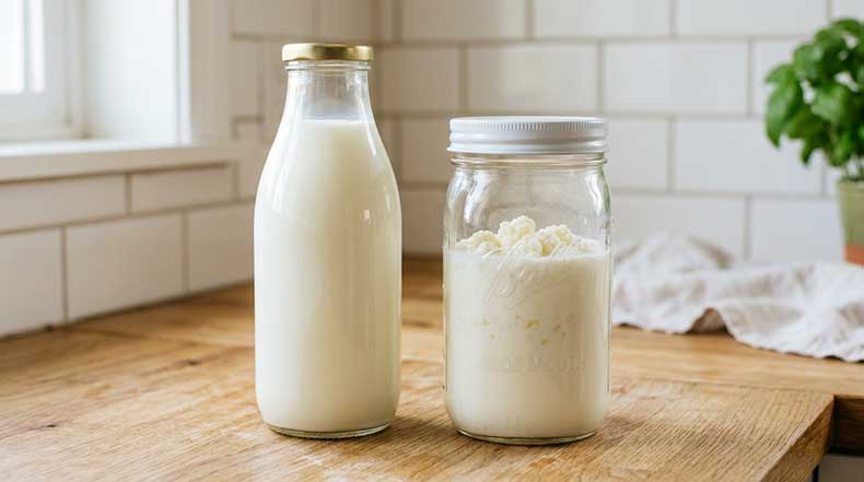 Botella de cristal de leche entera pasteurizada fresca junto a un tarro de cristal de boca ancha con nódulos de kéfir de leche blancos en forma de coliflor sumergidos en leche blanca, sobre una encimera de madera clara con azulejos blancos de fondo, ilustrando la importancia de usar leche entera de calidad como sustrato para favorecer el crecimiento de los nódulos