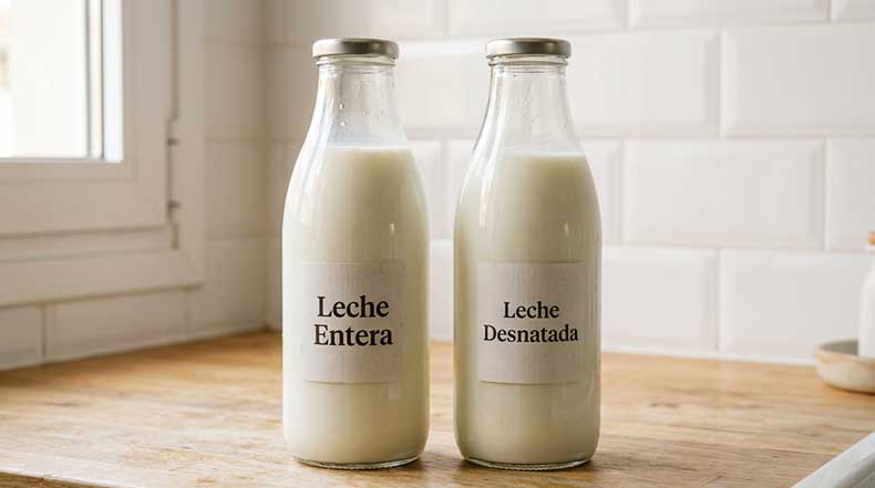 Dos botellas de leche sobre una encimera de madera clara, leche entera y leche semidesnatada, comparando el impacto de la materia grasa en el crecimiento de los nódulos de kéfir de leche
