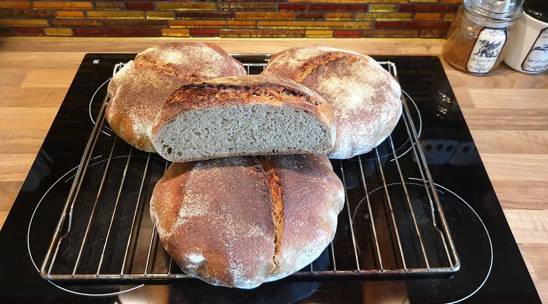 Hogazas de pan de masa madre artesanal recién horneado con fermentación natural y corteza crujiente