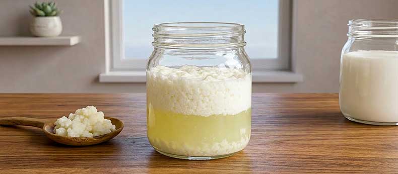 Kéfir de leche casero separado mostrando exceso de suero durante la fermentación natural