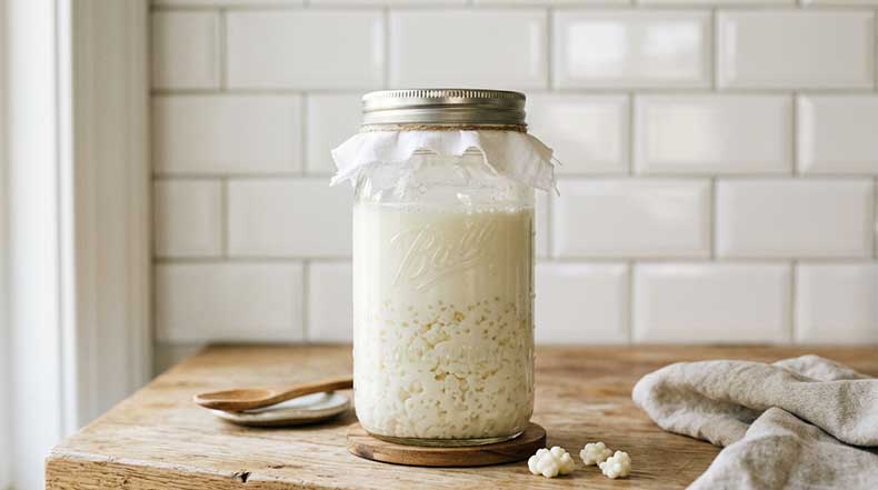 Tarro de cristal de boca ancha lleno de leche entera blanca fresca con pequeños nódulos de kéfir de leche blancos en forma de coliflor en el interior, colocado sobre una encimera de madera clara lejos de la luz directa con azulejos blancos de fondo, representando el protocolo de rescate de nódulos en letargo con renovación de leche entera cada 24 horas