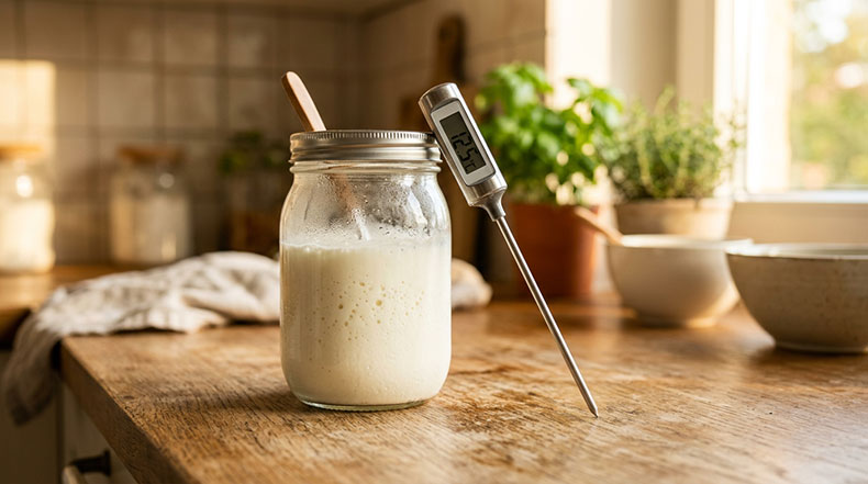 Termómetro de cocina junto a un tarro de kéfir de leche fermentando a temperatura elevada, mostrando el efecto del calor en la sobre-fermentación y la separación