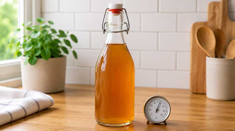 Termómetro junto a una botella de kombucha mostrando la temperatura ideal de fermentación para generar gas