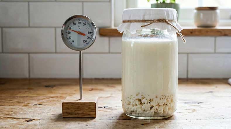 Termómetro de cocina con esfera visible colocado junto a un tarro de cristal de boca ancha con leche entera blanca fresca y nódulos de kéfir de leche blancos en forma de coliflor en el interior, sobre una encimera de madera clara con azulejos blancos de fondo, mostrando la importancia de la temperatura óptima de 22 grados para el crecimiento de los nódulos