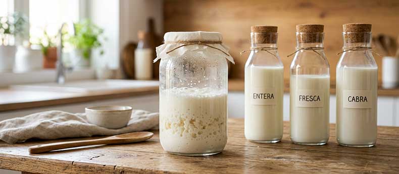 Comparativa de diferentes tipos de leche en jarras de cristal junto a nódulos frescos de kéfir de leche en fermentación.