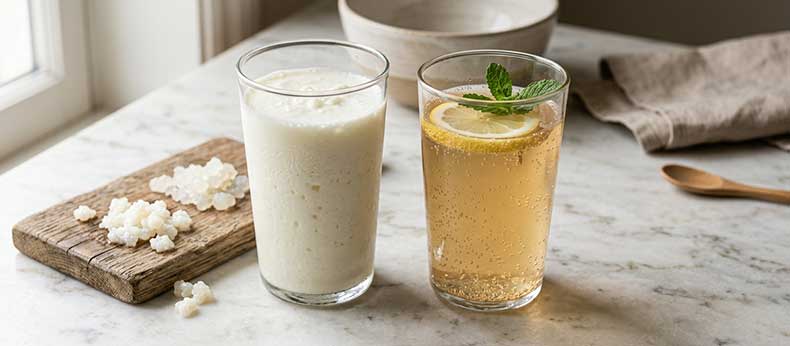 Beneficios del kéfir de leche y kéfir de agua con nódulos frescos NutriBrew, probióticos naturales caseros