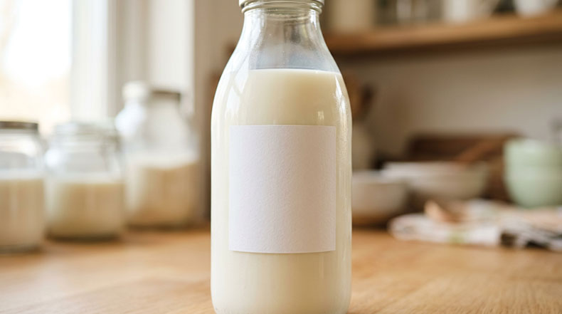 Etiqueta de ingredientes de kéfir de supermercado mostrando leche pasteurizada y fermentos lácticos