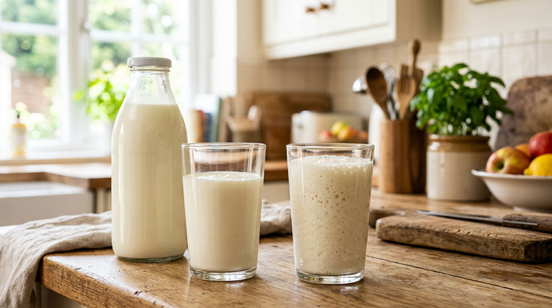 Dos vasos con kéfir: el de Mercadona Hacendado a la izquierda y el kéfir casero recién fermentado con nódulos vivos a la derecha