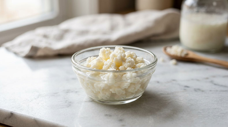 Nódulos de kéfir de leche vivos frescos en un cuenco de cristal, la alternativa real al kéfir de Mercadona