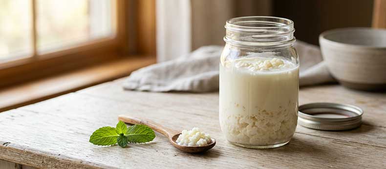 Tarro de kéfir de leche casero con nódulos frescos, guía sobre peligros y contraindicaciones del kéfir