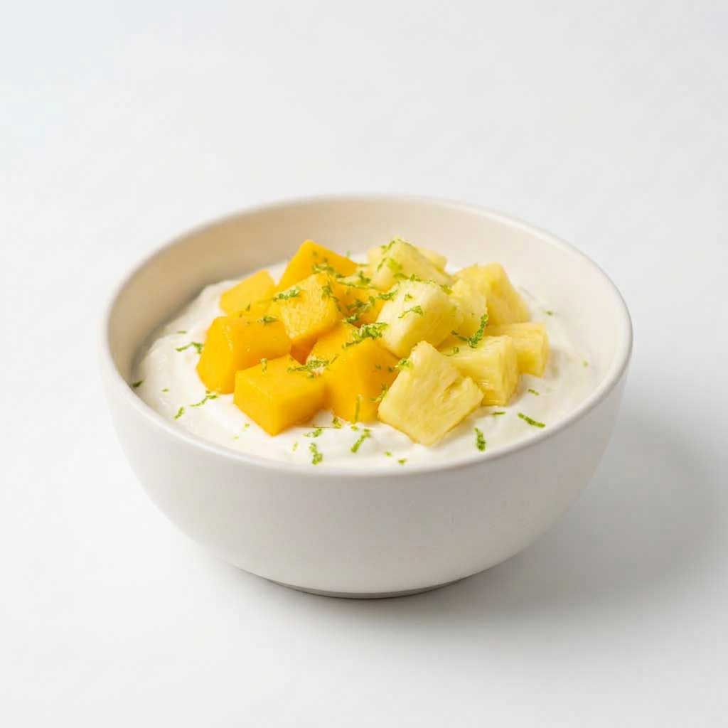 Bowl de skyr casero con mango y piña fresca