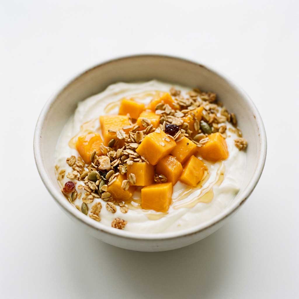 Bowl de yogur búlgaro casero con mango fresco
