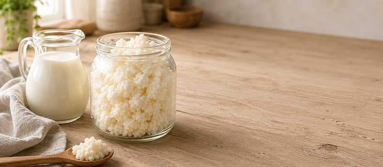 Búlgaros de leche, los nódulos de kéfir de leche, junto a leche fresca en una cocina natural