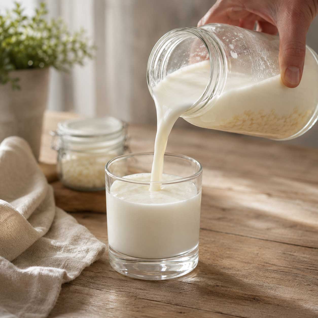 Leche kefirada casera hecha con búlgaros de leche sirviéndose desde un tarro de cristal en un vaso