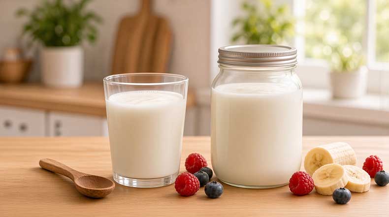 Vaso de kéfir de leche cremoso con tarro de cristal y fruta fresca, listo para tomar