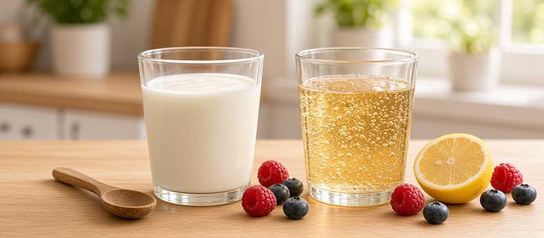 Vasos de kéfir de leche y kéfir de agua listos para tomar, con fruta fresca en una cocina luminosa