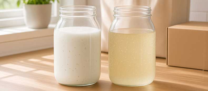 Tarros con nódulos de kéfir de leche y kéfir de agua, listos para empezar a fermentar en casa