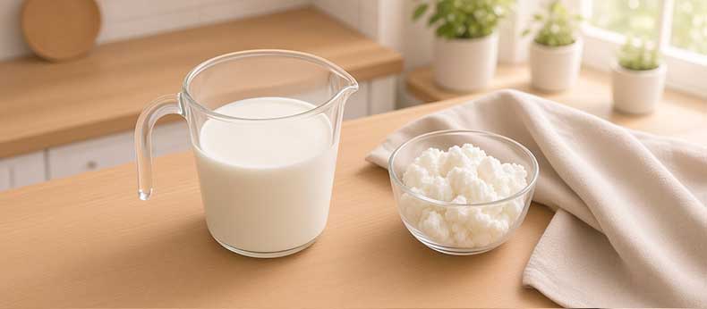 Vaso de kéfir de leche con luz natural de la mañana, ideal para tomarlo en cualquier momento del día