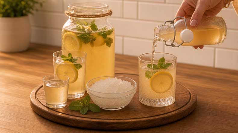 Vaso de kéfir de agua mostrando la cantidad diaria recomendada para empezar 