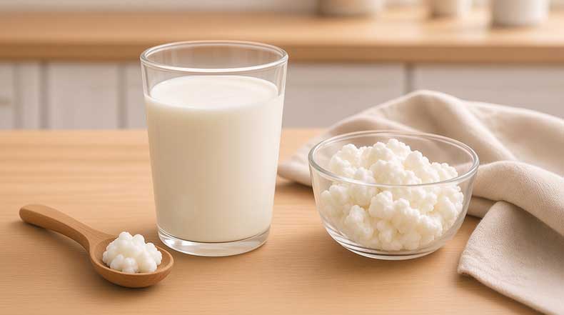Vaso de kéfir de leche cremoso mostrando la cantidad diaria recomendada para empezar 