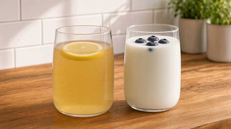 Vasos de kéfir de leche y kéfir de agua mostrando la cantidad recomendada al día