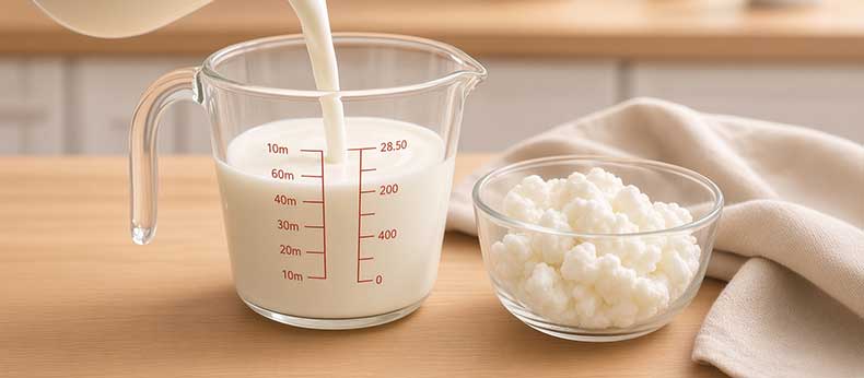 Kéfir de leche siendo medido en una taza medidora para conocer la cantidad recomendada al día