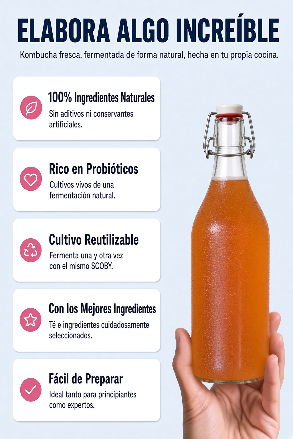 Botella de kombucha NutriBrew con consejos para elaborar kombucha fresca y natural en casa