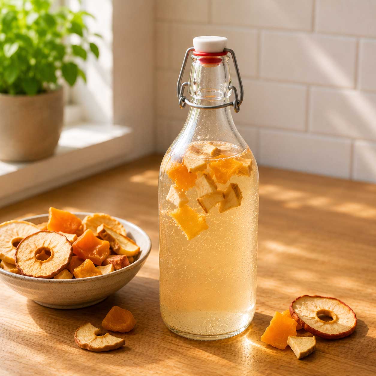 Kéfir de agua con fruta deshidratada, manzana y mango, saborizante natural