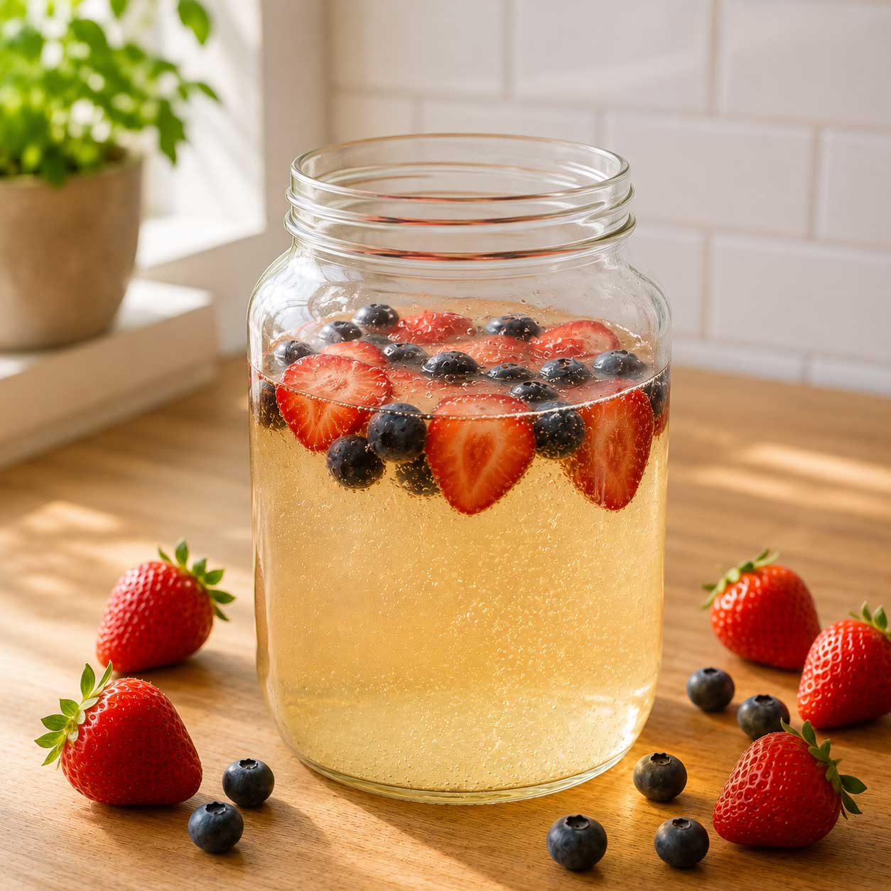 Kéfir de agua con fruta fresca troceada, fresas y arándanos, segunda fermentación