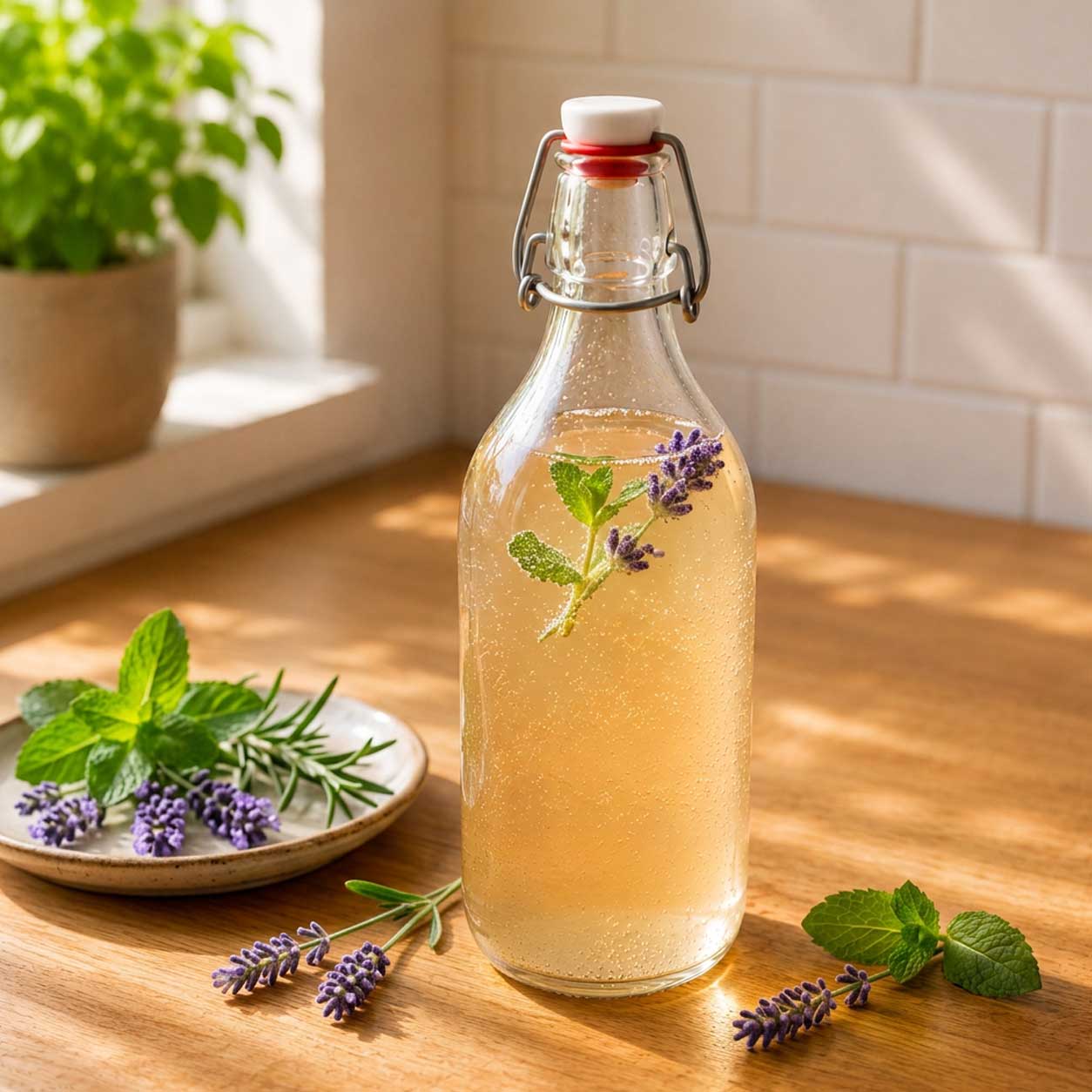 Kéfir de agua con hierbas aromáticas, lavanda y menta fresca