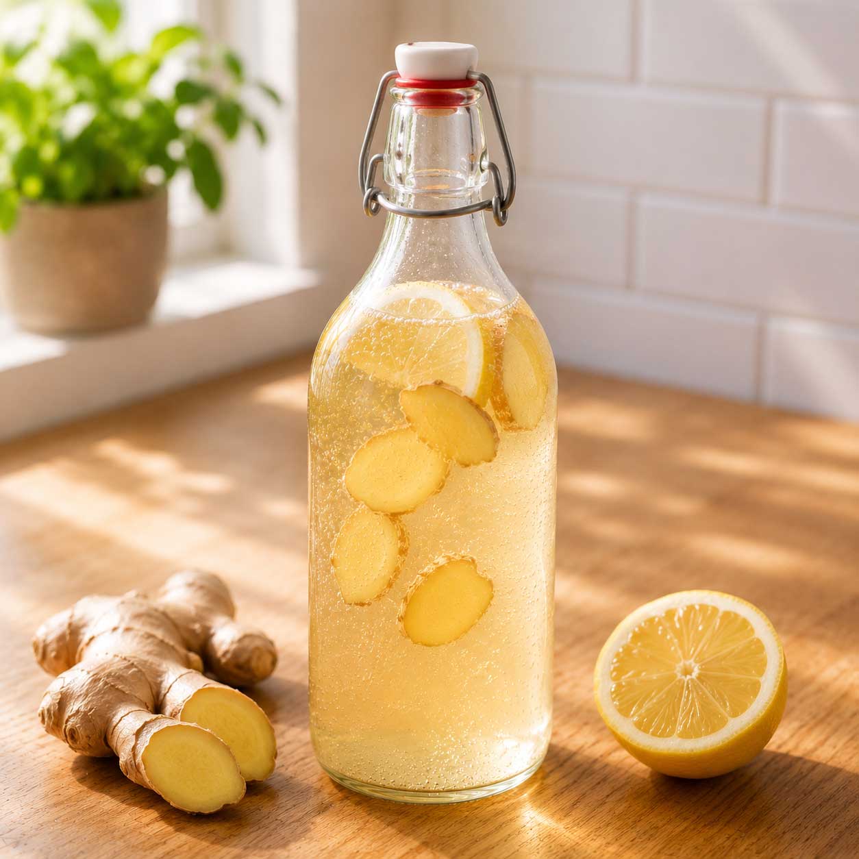 Kéfir de agua con jengibre fresco rallado y limón, segunda fermentación