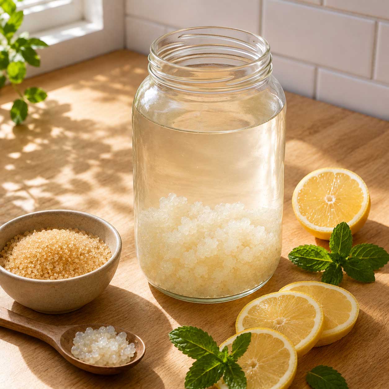 Preparación de kéfir de agua casero con nódulos vivos, azúcar y agua en tarro de cristal