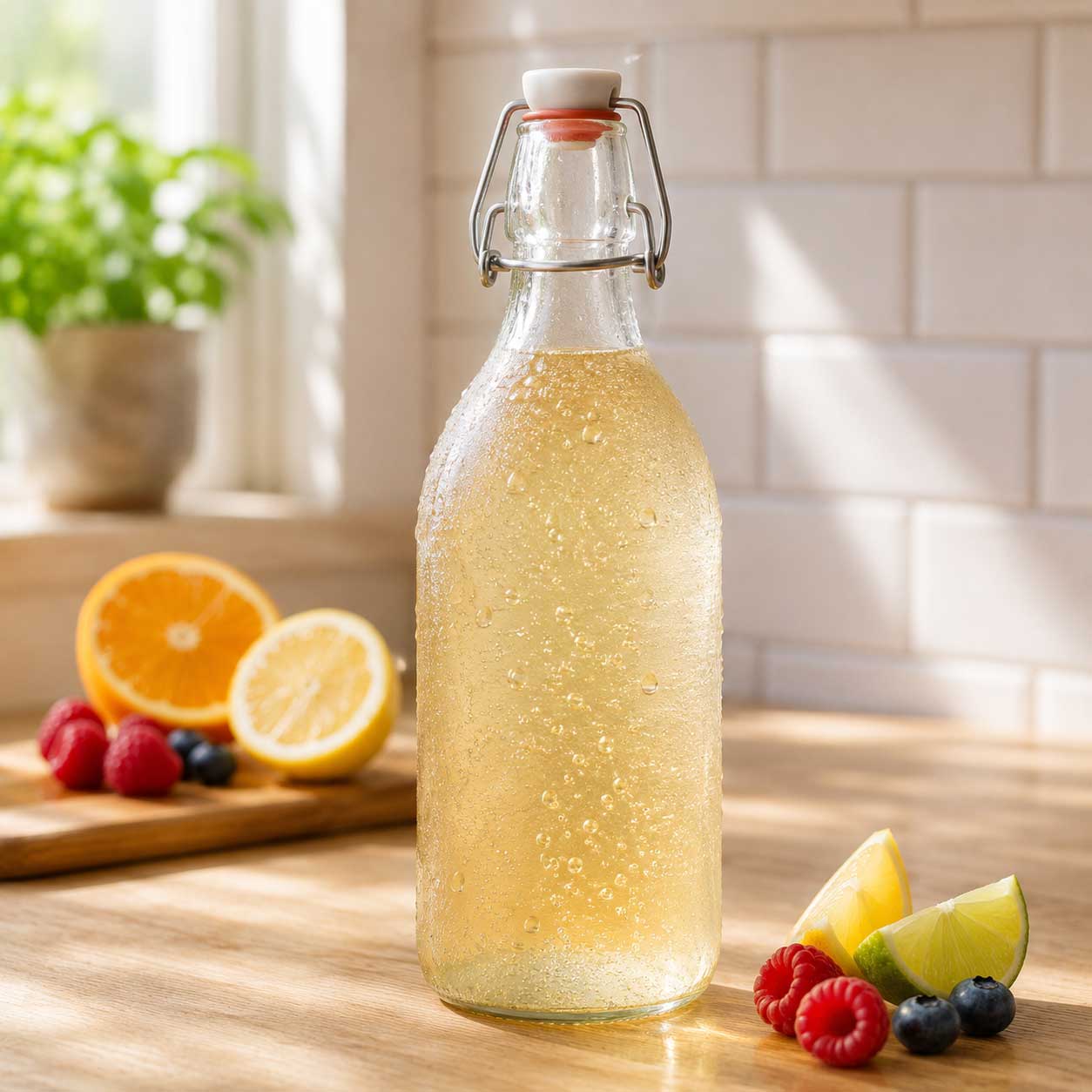 Botella de kéfir de agua con gas natural durante la segunda fermentación