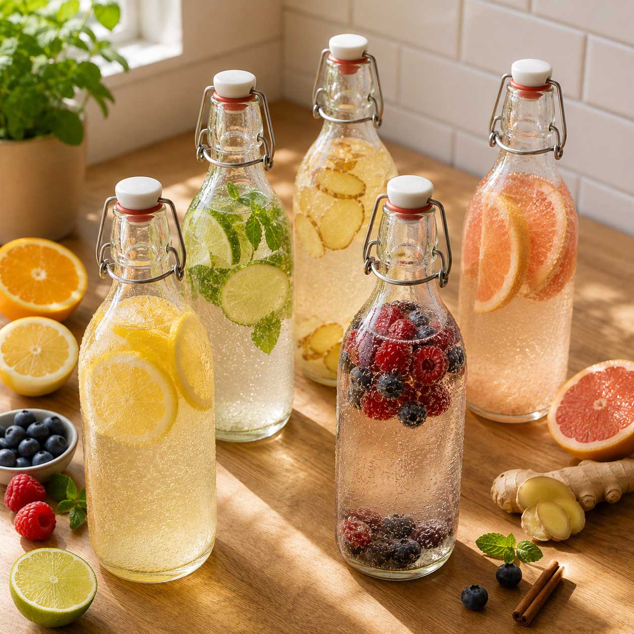 Kéfir de agua en segunda fermentación con fruta y especias para dar sabor y burbujas